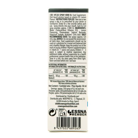 03 Etiqueta lateral de Vitamina D3 Spray 4000 UI mostrando ingredientes y composición del suplemento