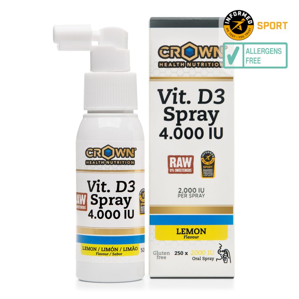 Vitamina D3 Spray 4000 UI con caja y spray visible, suplemento de alta potencia para deportistas