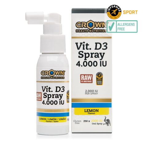 Vitamina D3 Spray 4000 UI con caja y spray visible, suplemento de alta potencia para deportistas